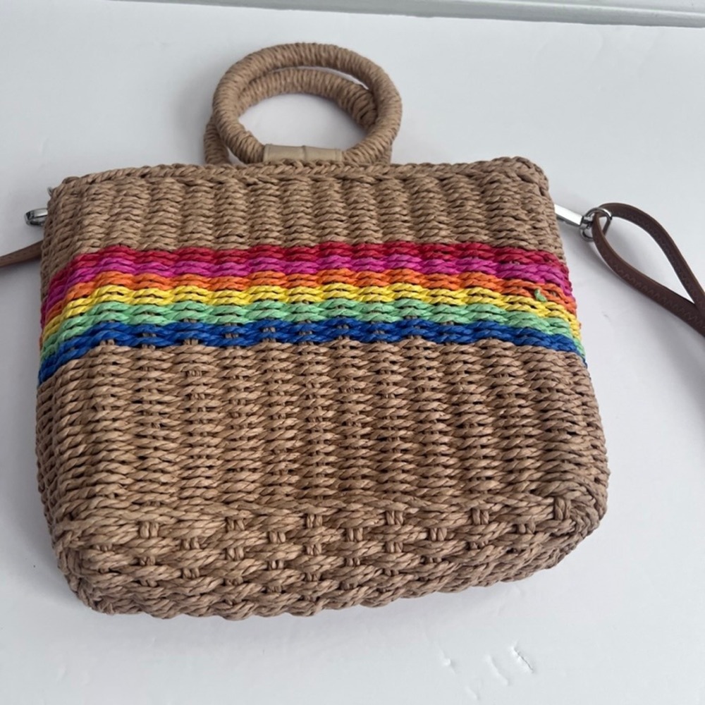 Straw Woven‎ Tote Bag Rainbow Stripe Top Handle Crossbody Purse - Picture 2 of 14